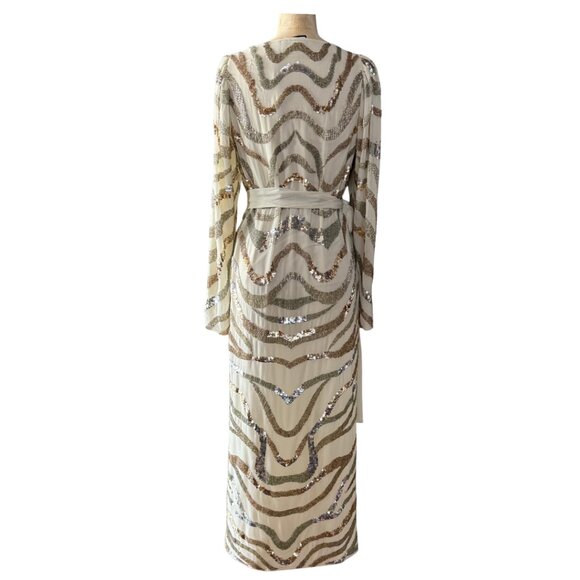ASOS White, Gold, Silver Long Sleeve Sequin Zebra Print Wrap Midi Dress Size 6 - Picture 5 of 16